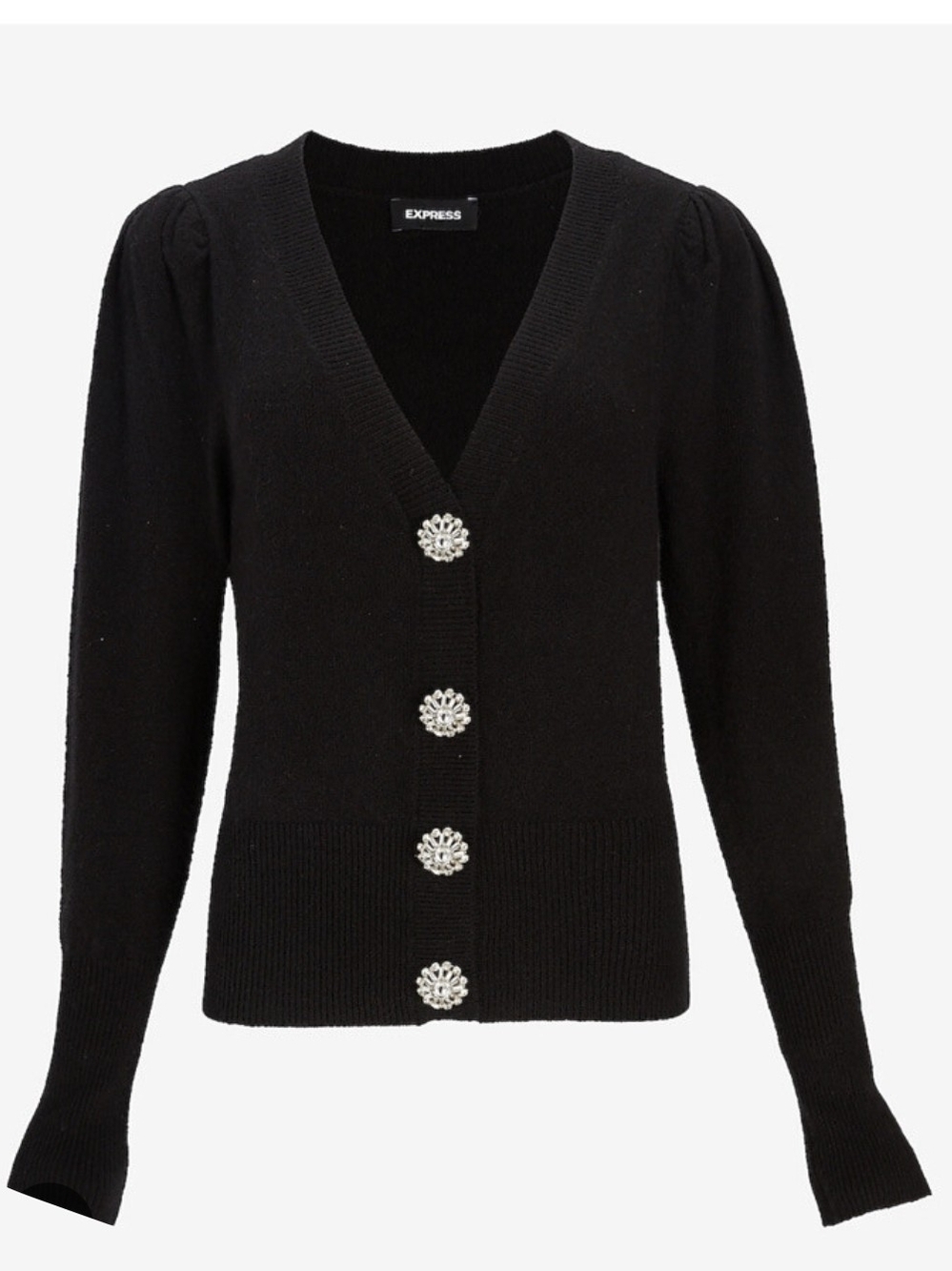 Express Black V-Neck Cardigan with Decorative Rhinestone Jewel Buttons Sz M